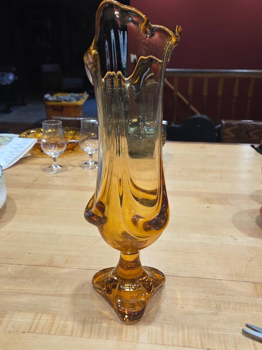Vintage MCM Viking Amber Glass Swung Vase 3 Footed Footed Epic Drape